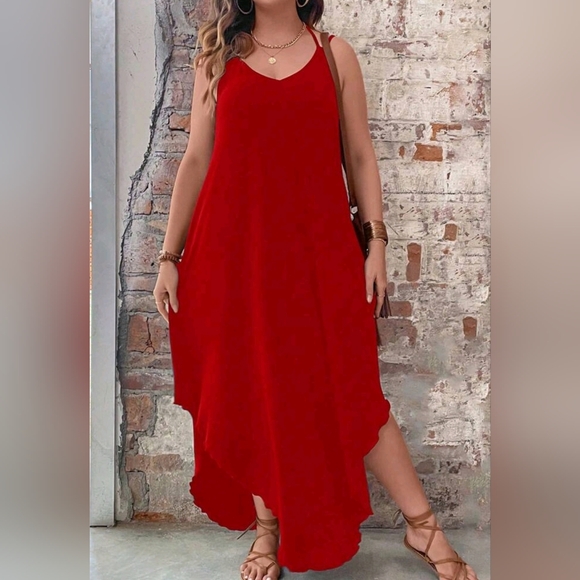 NEW Casual Stretch Knit Cami T Shirt Dress PLUS Midi Relaxed Fit Red - Picture 4 of 7